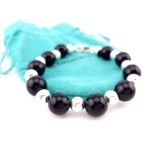 Vintage Tiffany & Co. Sterling Silver & 10mm Black Onyx Bead 7 Inch Bracelet